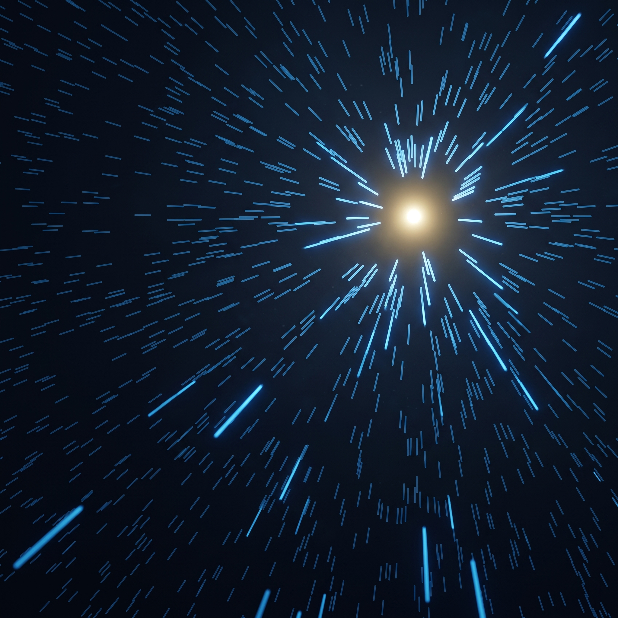 A field of particles, every one turned toward a single warm point of light that touches none of them.