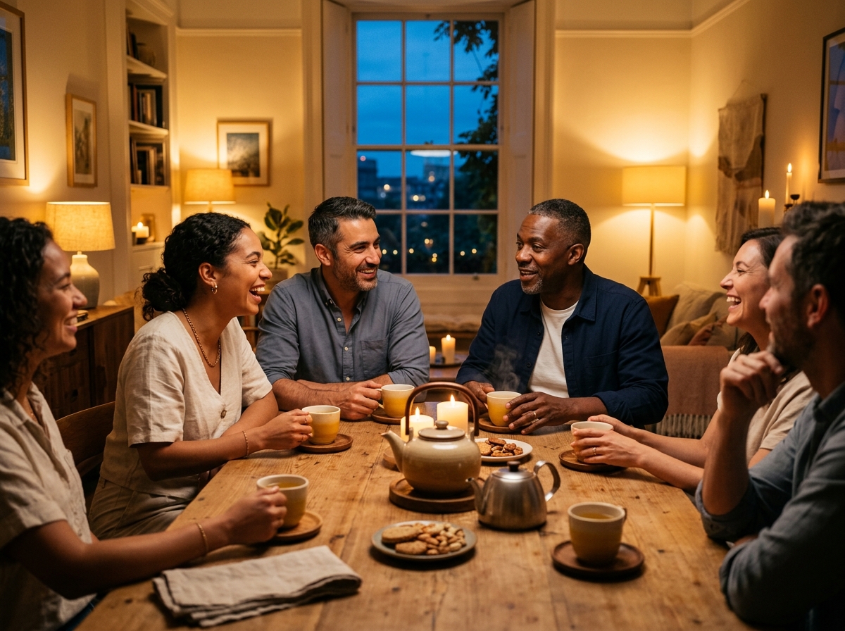 A warm gathering of Luminaries laughing together in golden evening light, faces lit by shared conversation