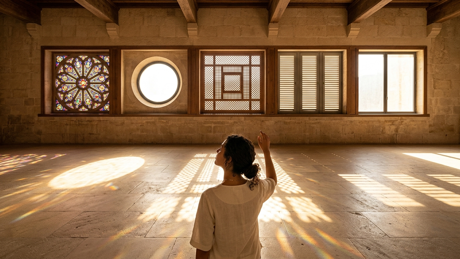 Five different windows casting five patterns of the same sunlight into a stone hall; a young woman reaches into the light