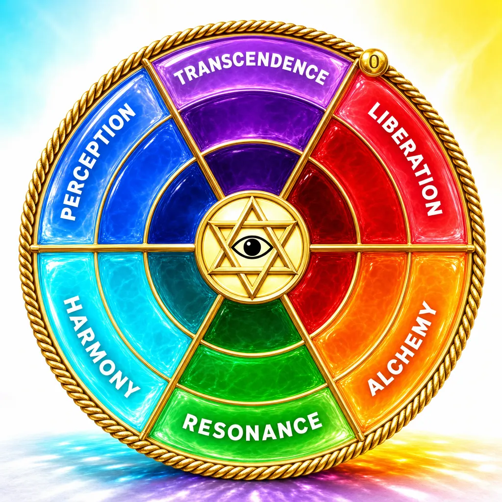 The Wisdom Wheel: six named houses around a still centre.