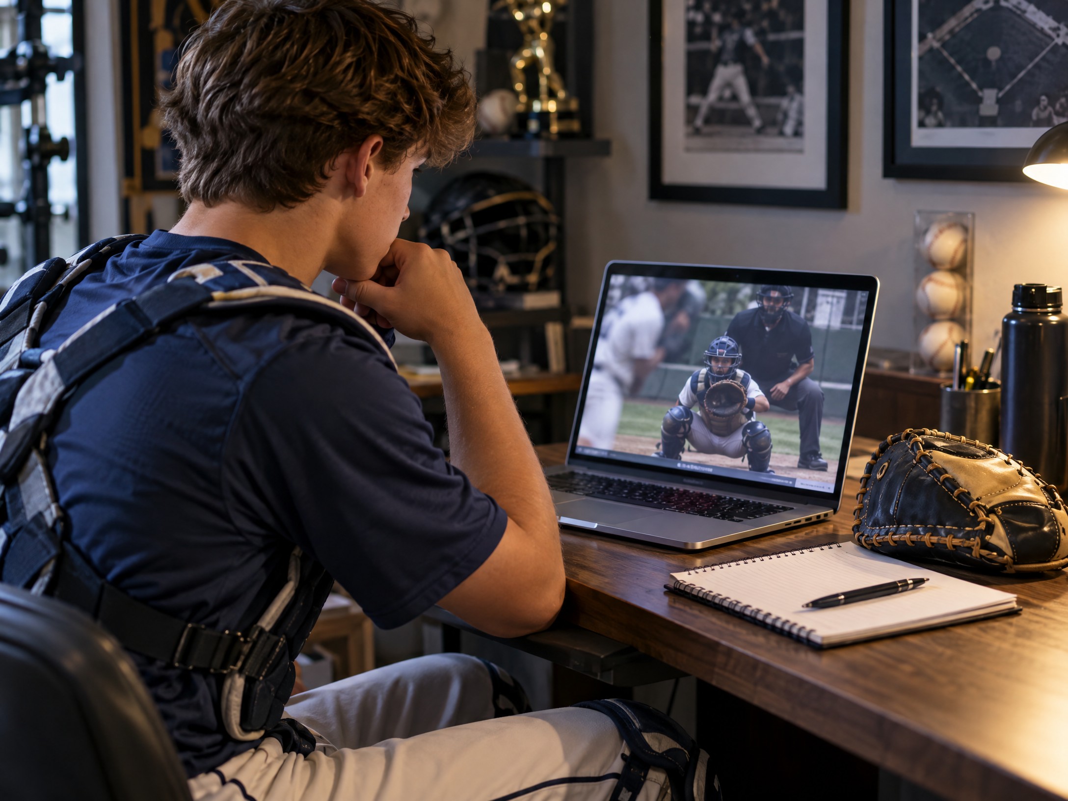 Catcher reviewing online coaching on a laptop