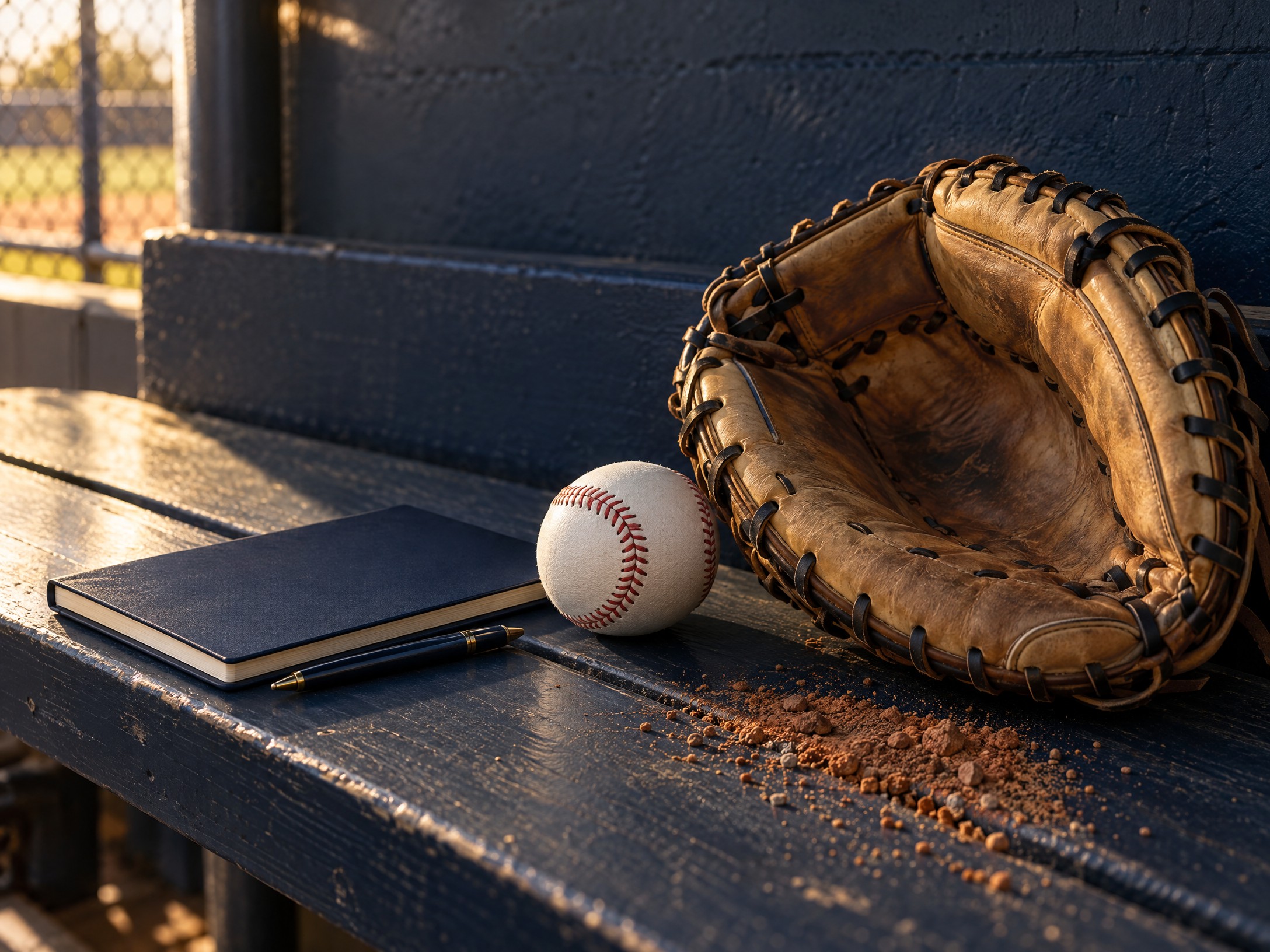 Catcher’s mitt, baseball, and field notebook