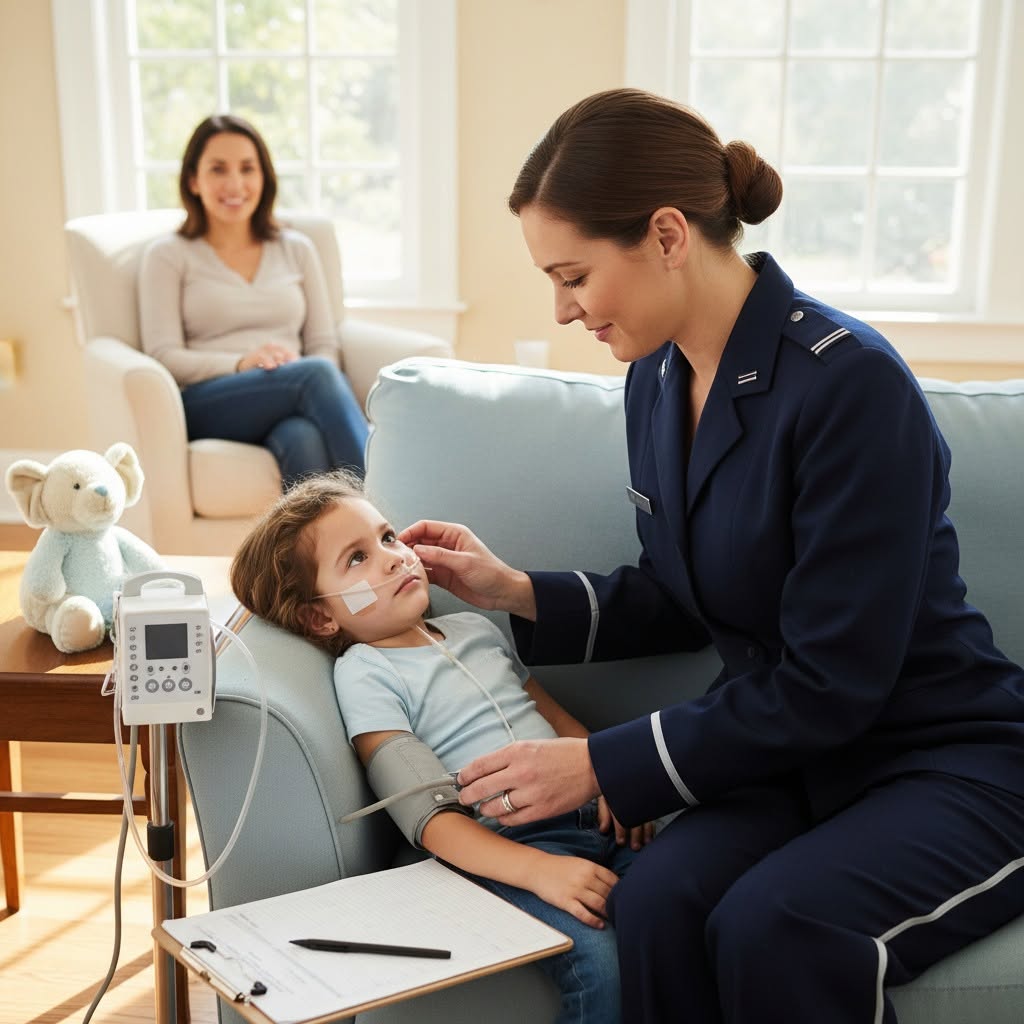 Nurse caring for a young patient at home while a parent looks on
