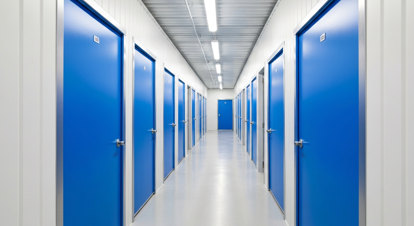 Indoor storage units with blue doors
