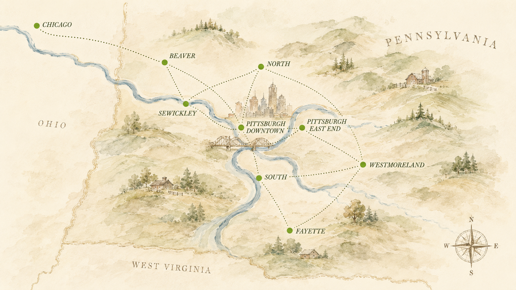 Hand-painted watercolor map showing the locations of the nine Inspired Women chapters across southwestern Pennsylvania and Chicago, with the Pittsburgh skyline and three rivers at the center