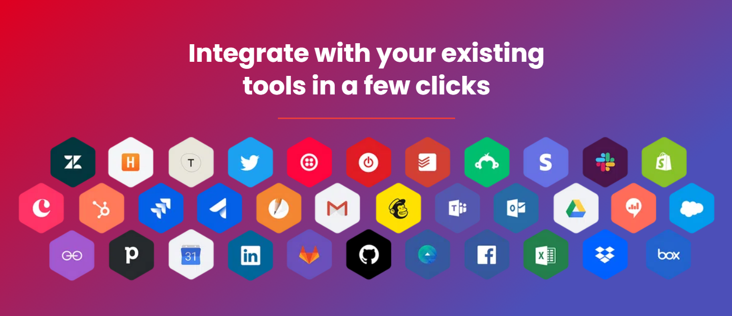 Image of colourful hexagons representing business tools with the text “Integrate with your existing tools in a few clicks”.