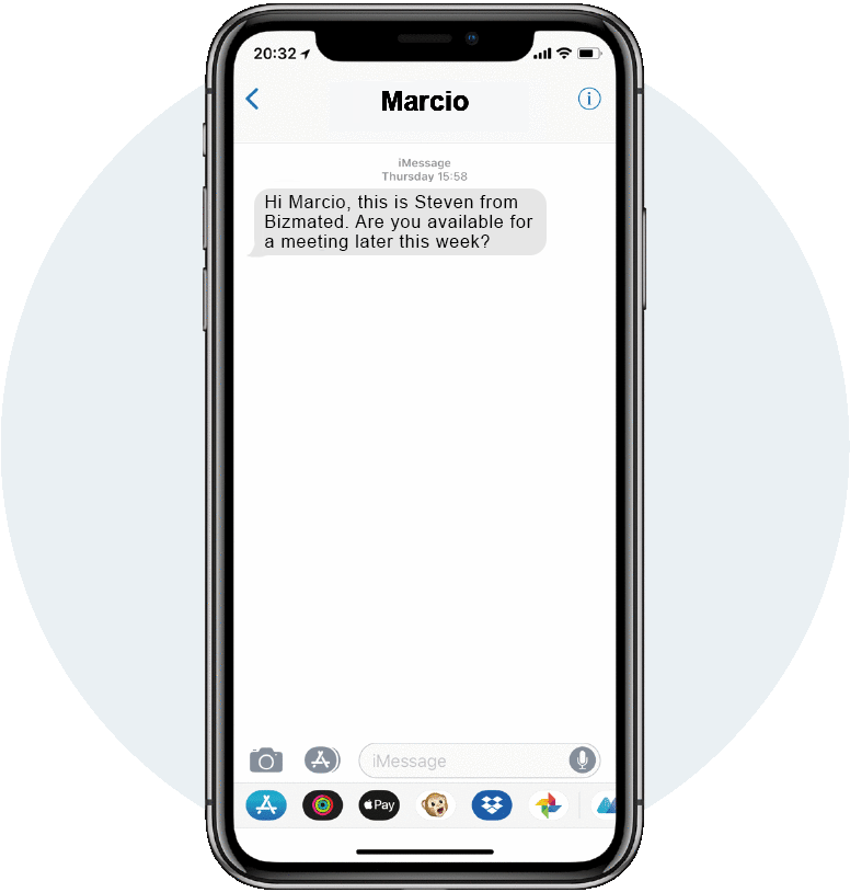  Screenshot of a text message from Steven asking Marcio if he is available for a meeting later this week..