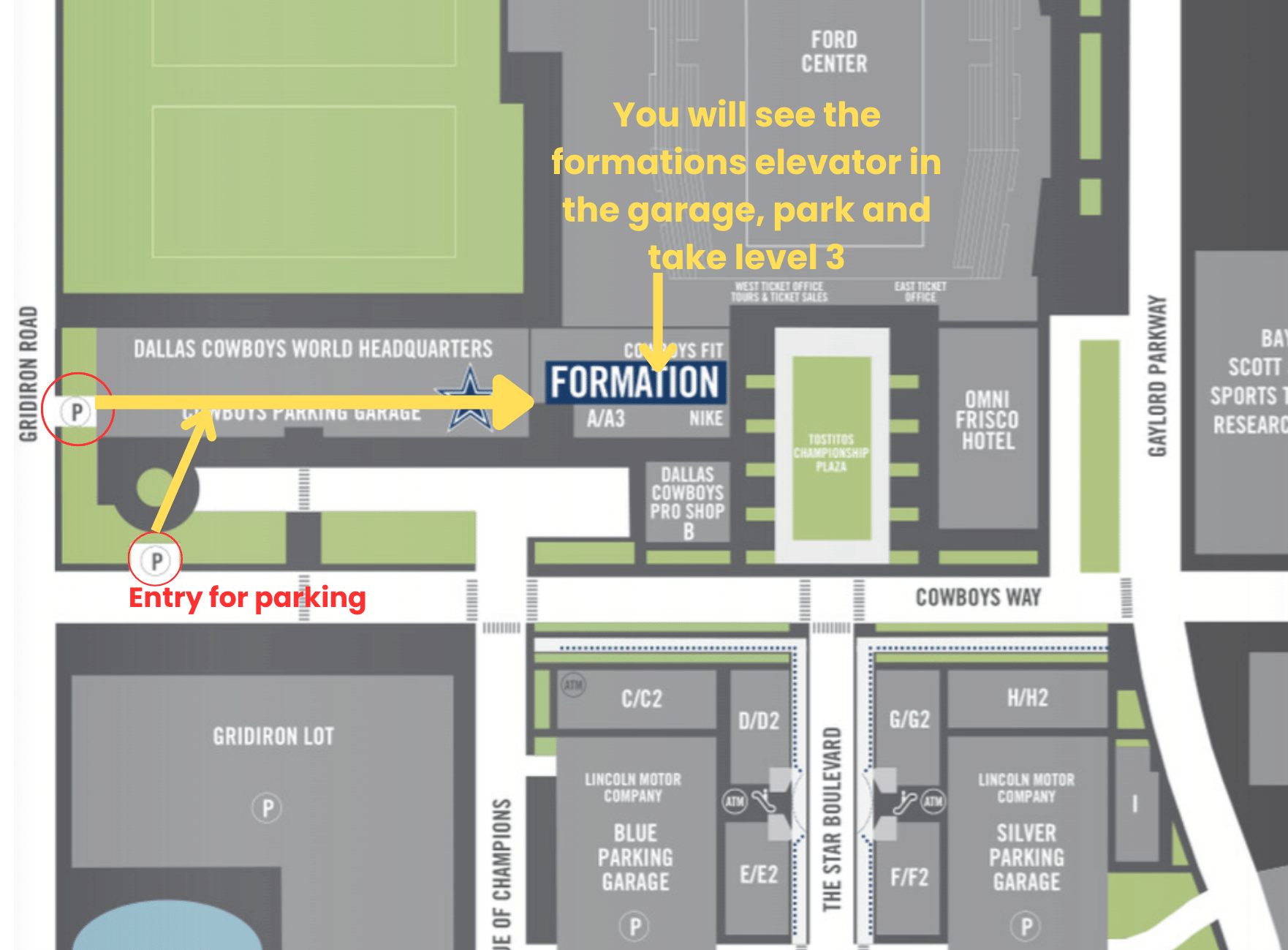  A map of the Dallas Cowboys World Headquarters in Dallas, Texas, showing the entrance for parking. 