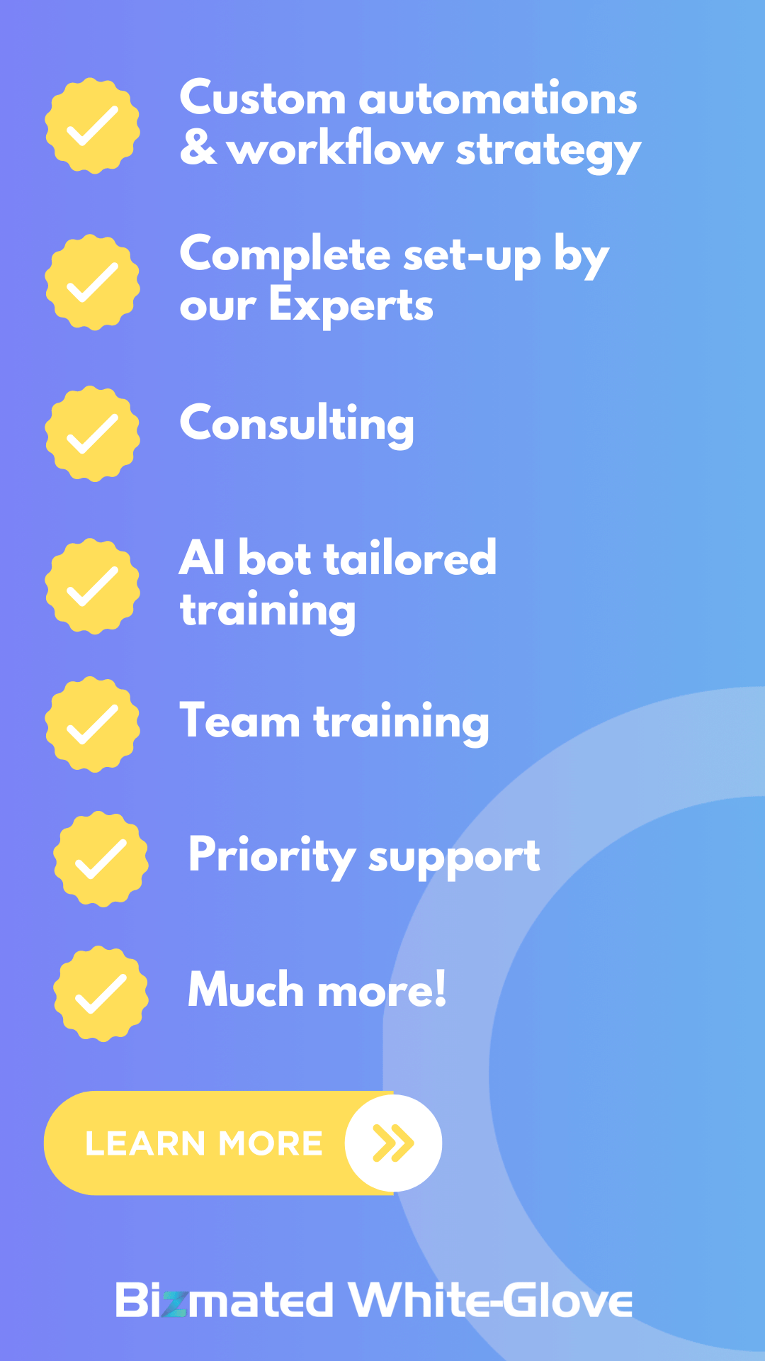 Blue and yellow banner with a list of services offered by Binnated White-Glove, including custom automation, workflow strategy, expert setup, and more.