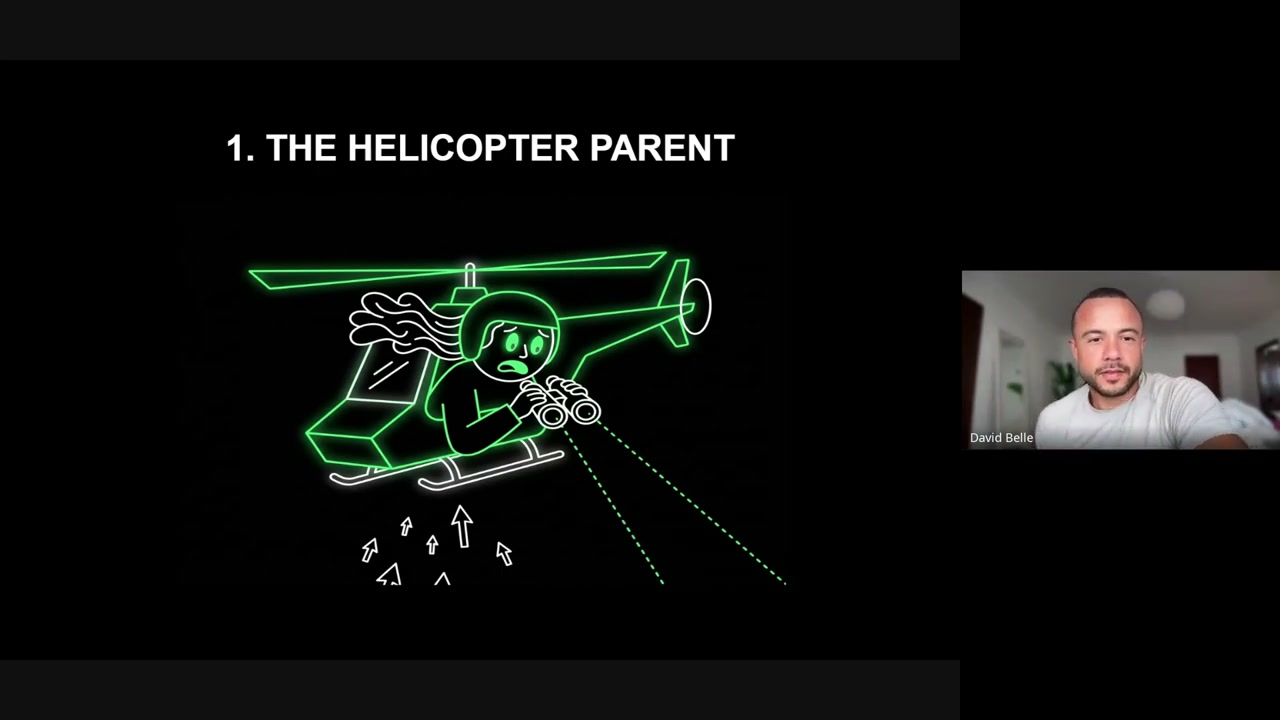 A frame from the session: the Helicopter Parent slide with David on camera