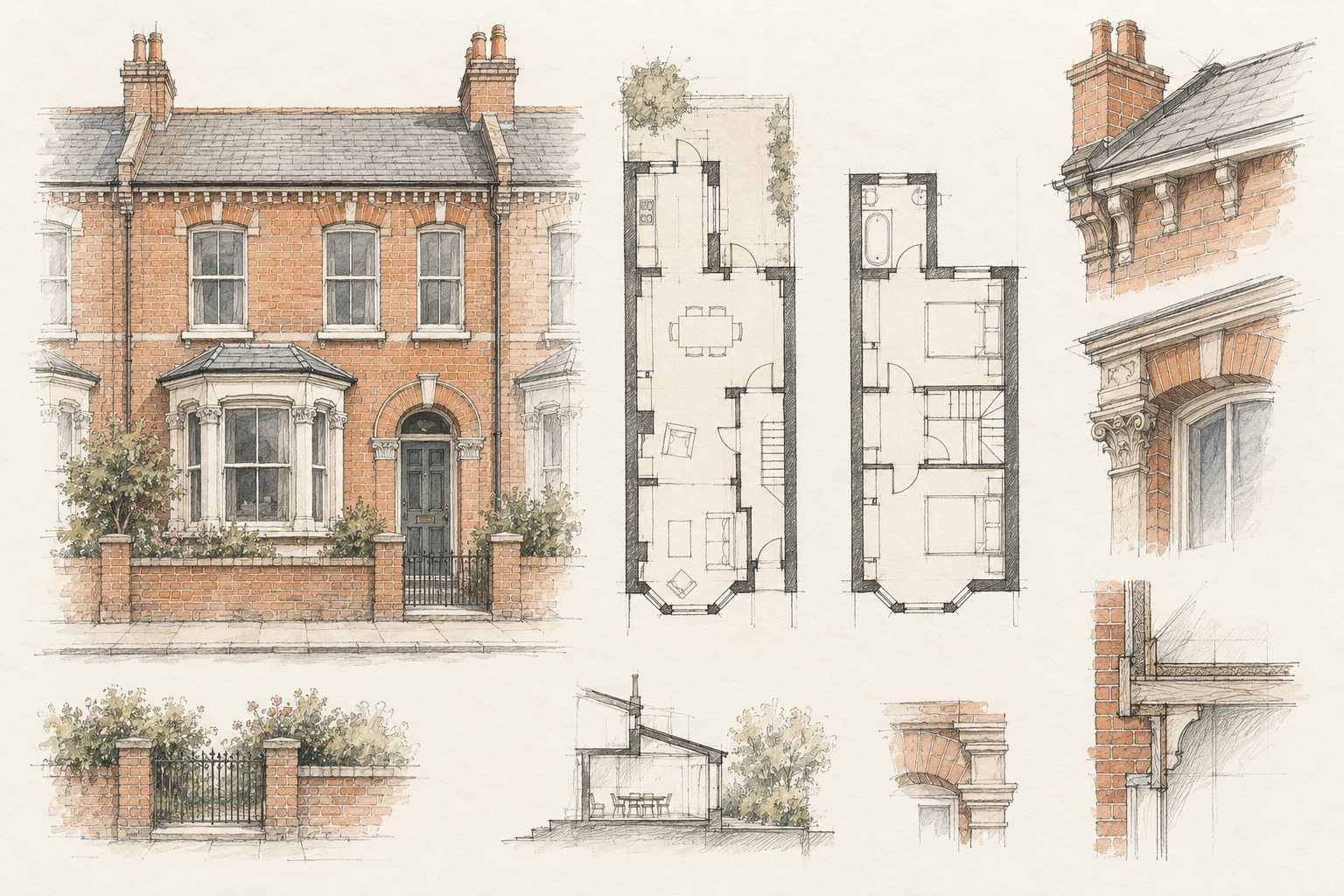 Graphite and watercolour study of a Victorian terrace elevation, floor plans and brickwork details