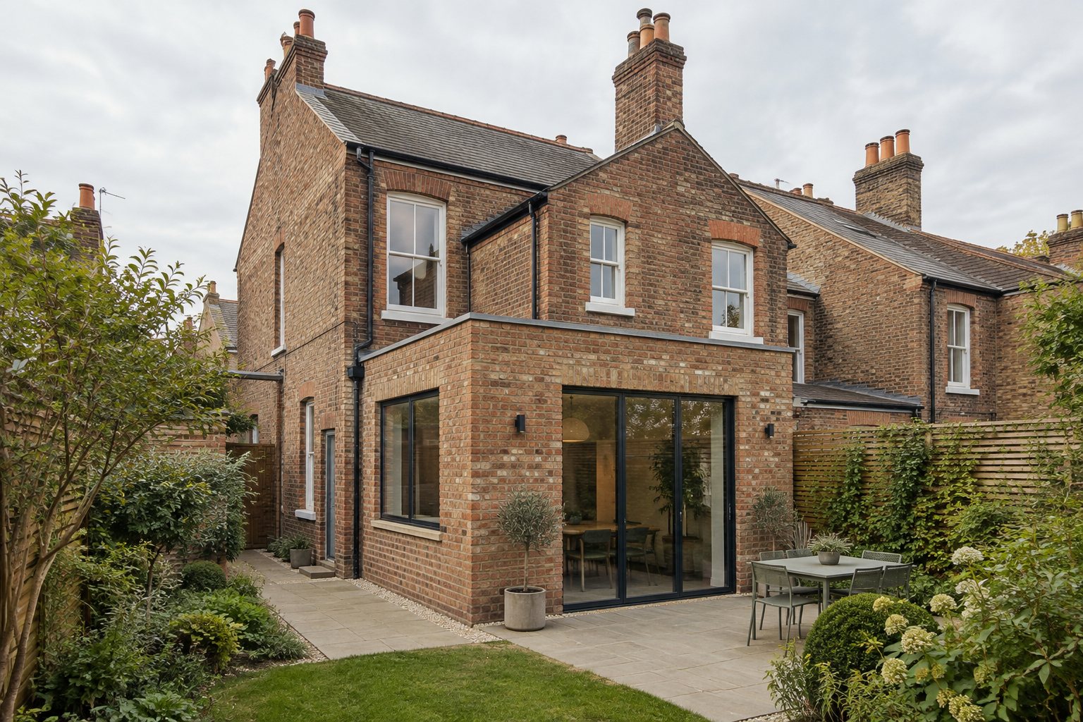 Design concept of an English Victorian brick house with a glazed rear extension and compact garden