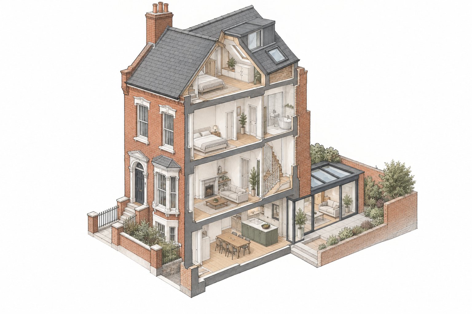 Architectural cutaway concept of a Victorian brick house with loft space and a rear extension