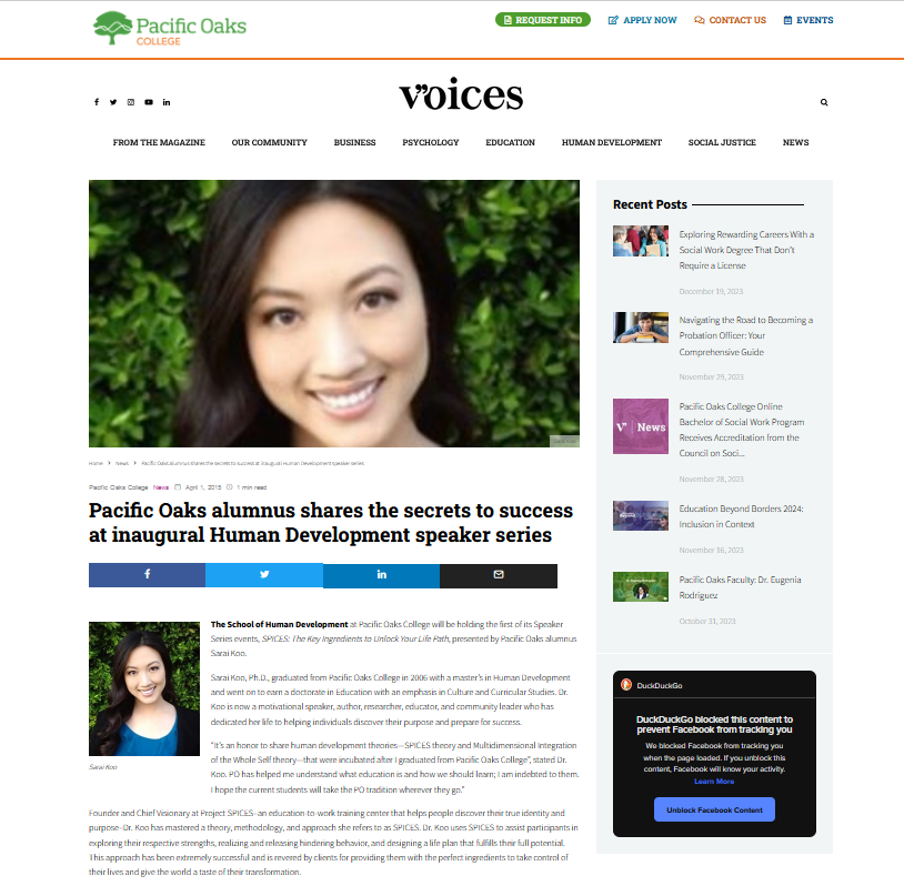 Pacific Oaks feature on Dr. Sarai Koo