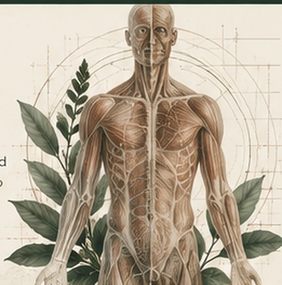 Illustrated anatomical figure with botanical leaves and architectural drafting lines.