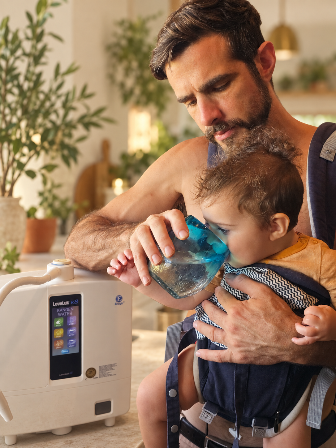James holding our baby beside our family's LeveLuk K8 water machine