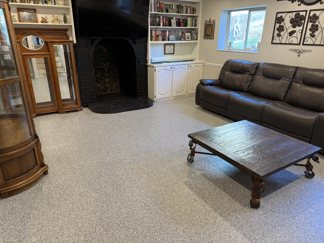 Basement family room on a new flake floor