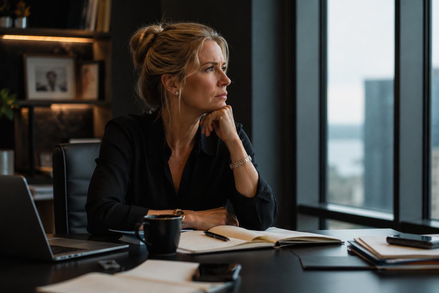 High performer at her desk, quietly questioning