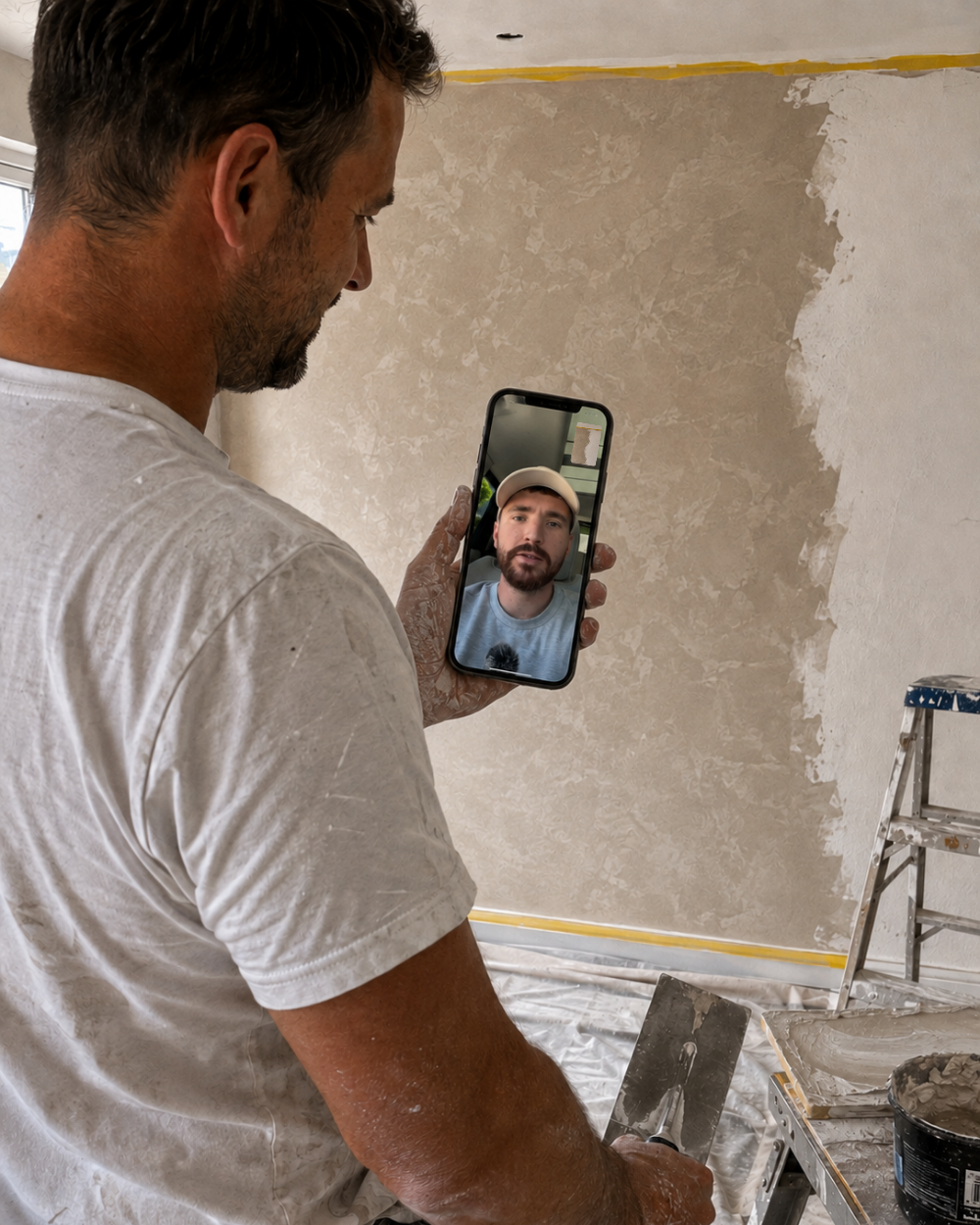 Tom Power reviewing a student's Venetian plaster work