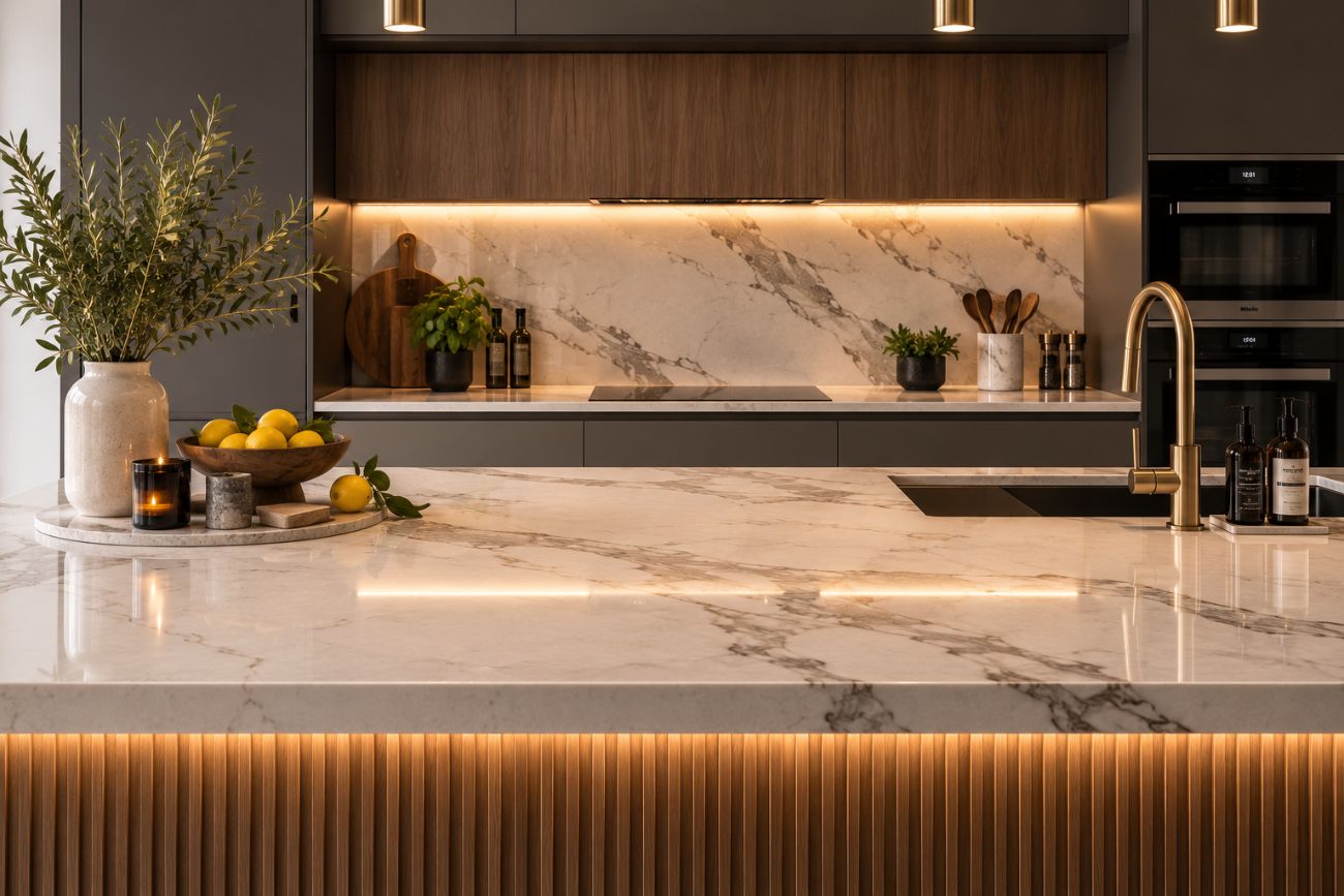 Marble kitchen island countertop close-up