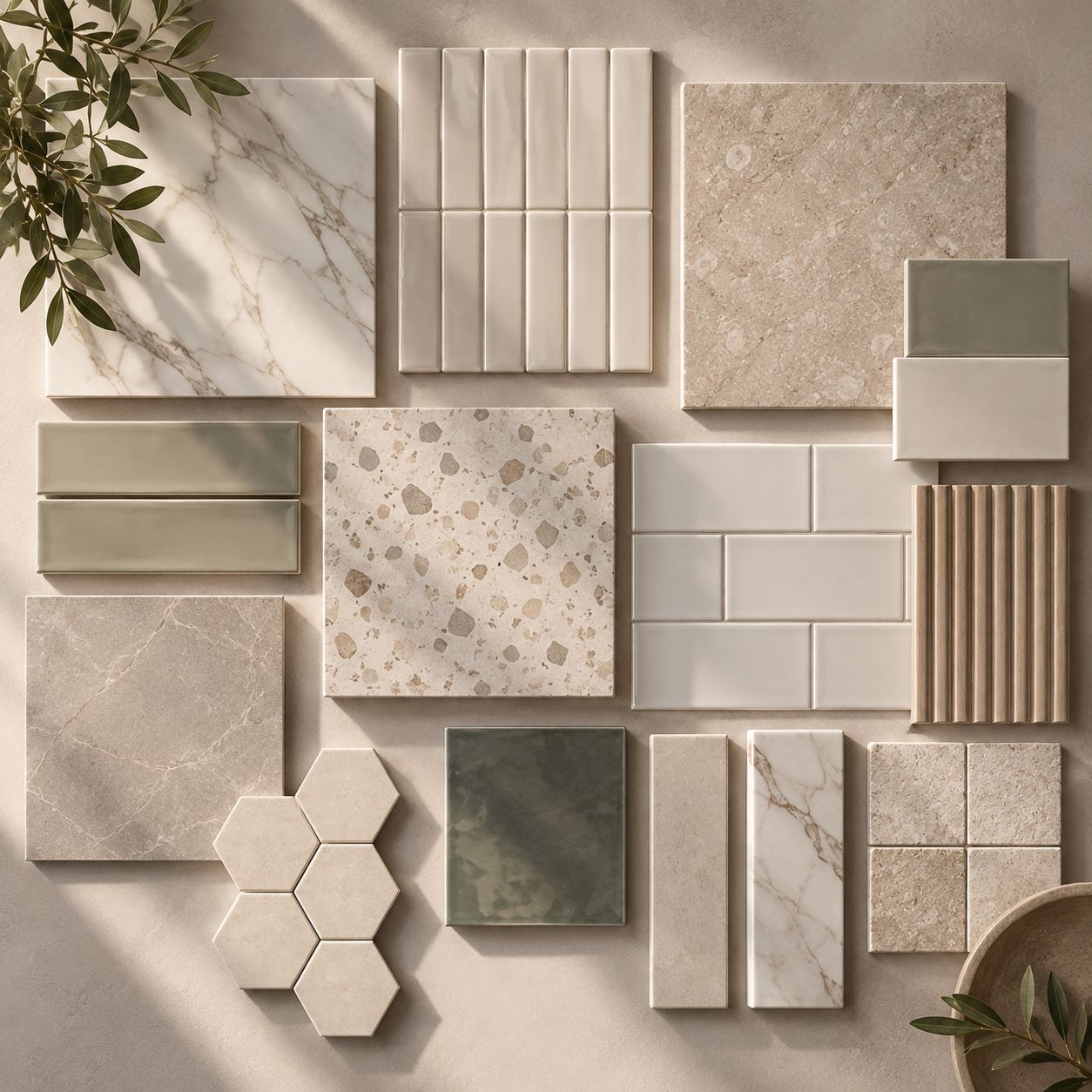 Tile options — marble, terrazzo, subway and hexagon