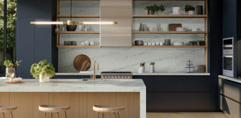 Navy kitchen with green quartzite island and backsplash