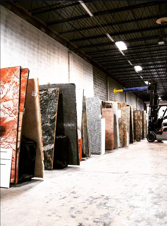 Granite and marble slabs racked in our warehouse