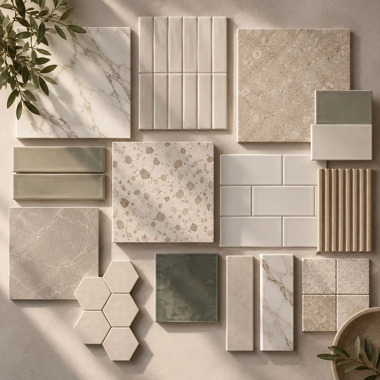 Tile options — marble, terrazzo, subway and hexagon