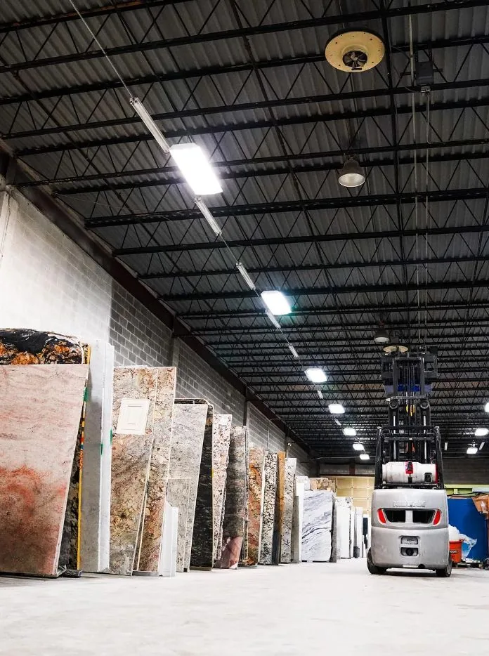 Natural stone slab aisle in the Springfield warehouse