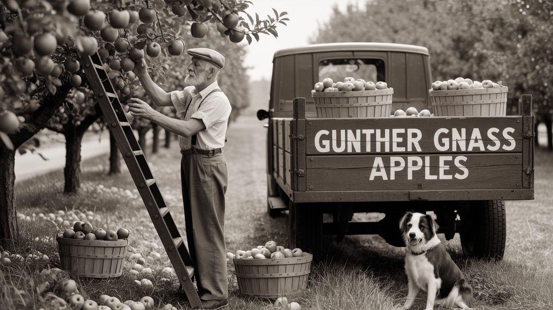 Illustration of Gunther Gnass picking apples beside his orchard truck