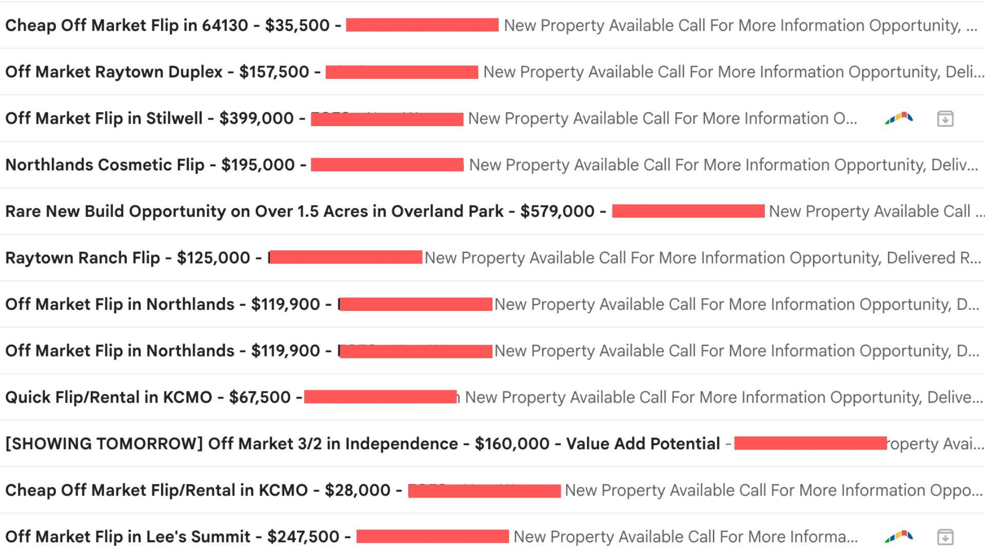 Screenshot of our email inbox showing twelve messages from other home buyers marketing Kansas City houses they have under contract, with subject lines like Off Market Raytown Duplex and Cheap Off Market Flip, senders redacted