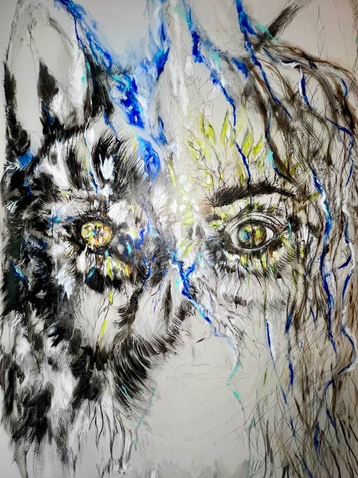 Two eyes, animal and human, drawn together