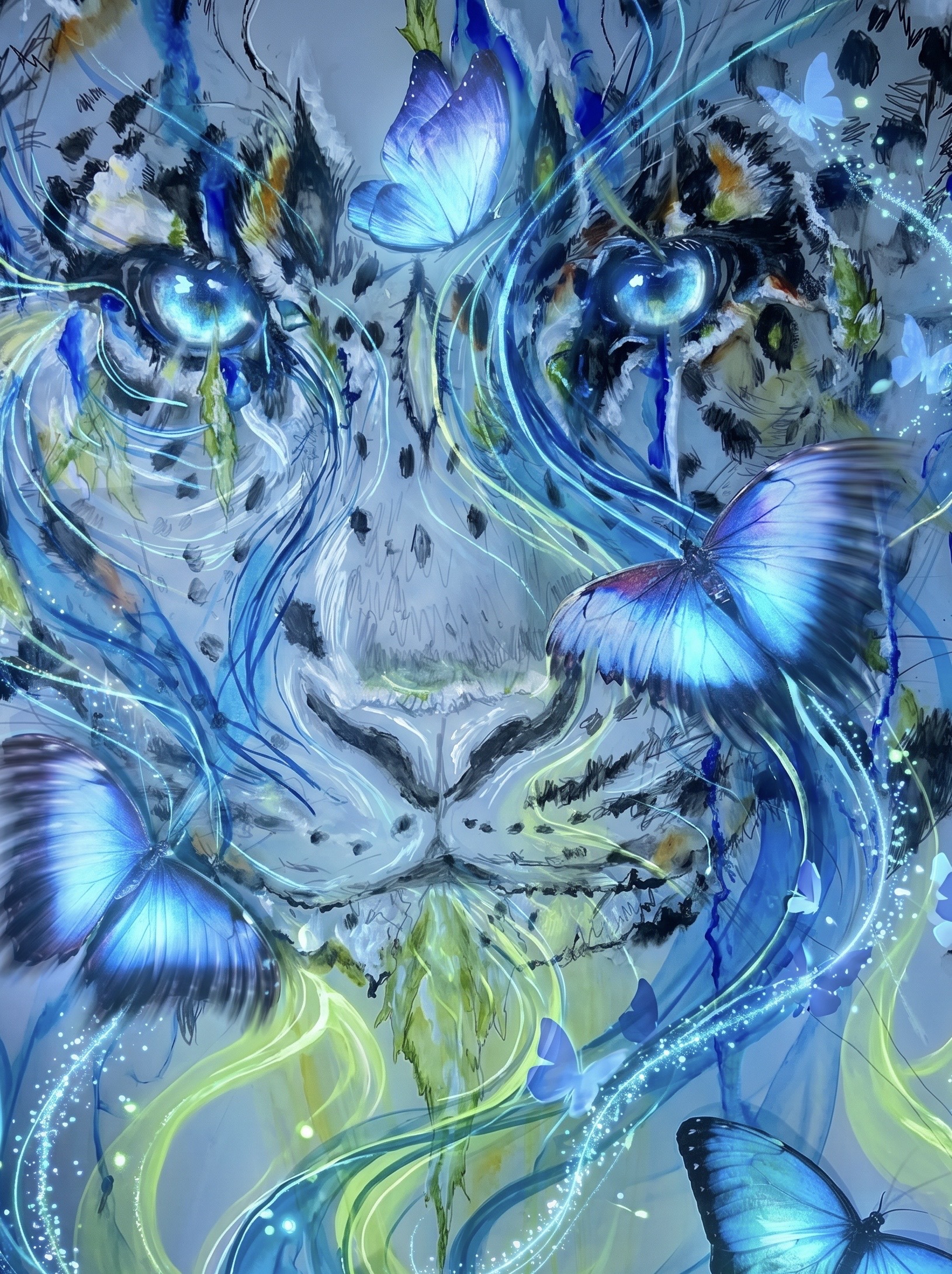 Blue tiger surrounded by glowing blue butterflies