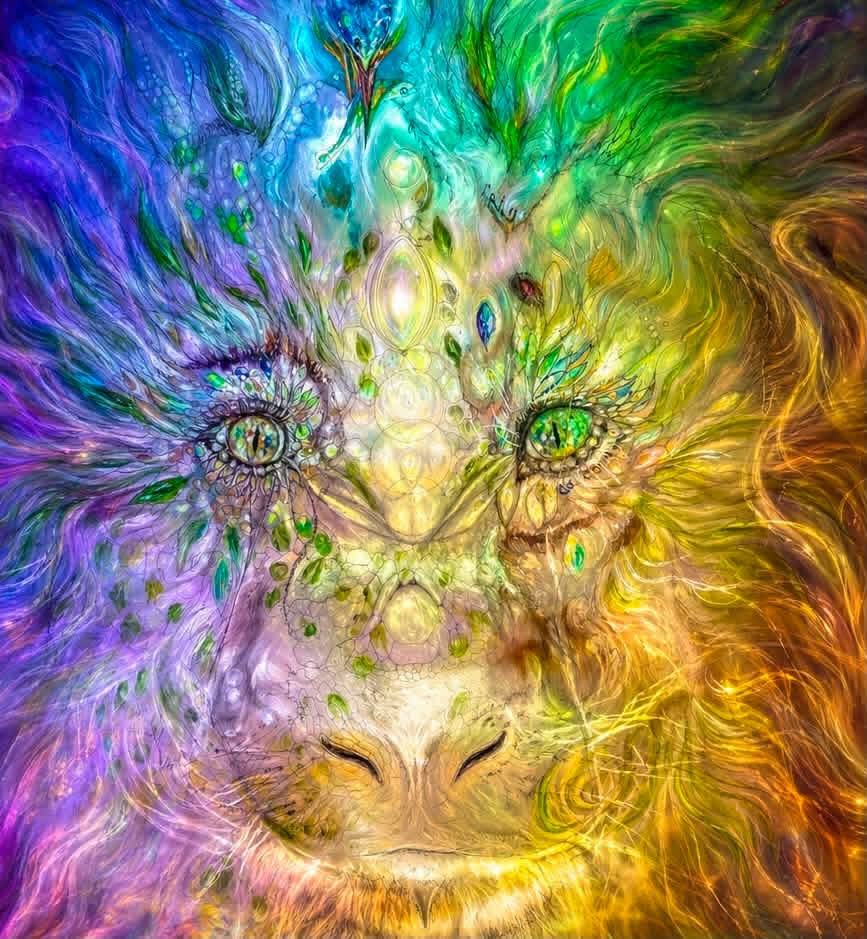 Rainbow dragon painting by Paula Barkmeier, filling the screen as the portal
