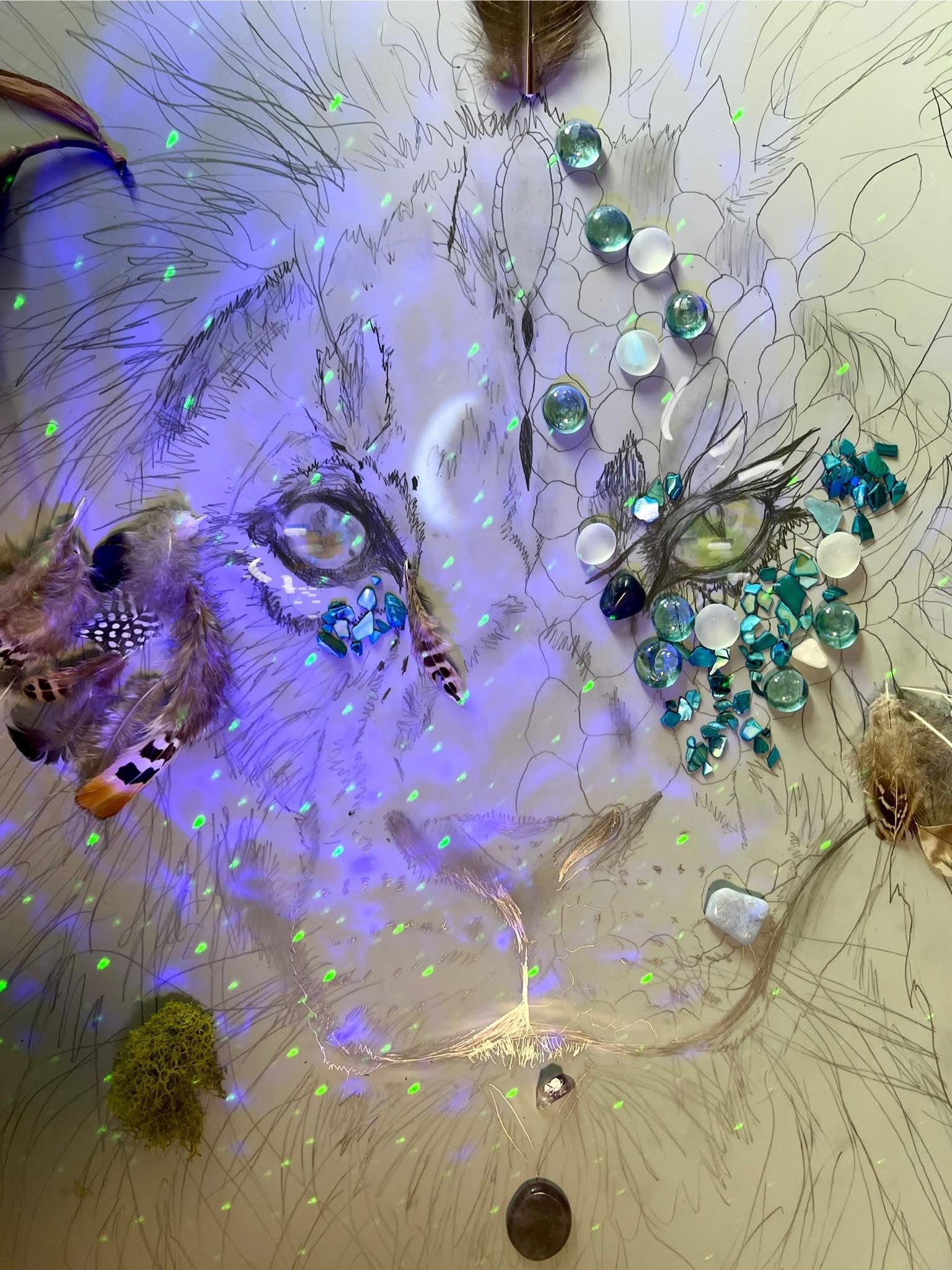 Mixed-media cat with gemstones and lavender light