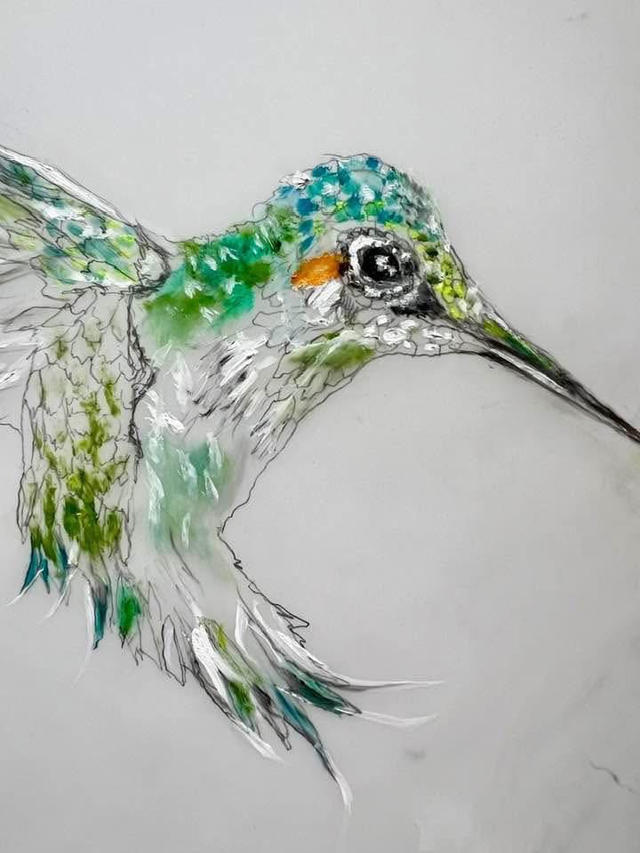 Hummingbird painting in greens and teals