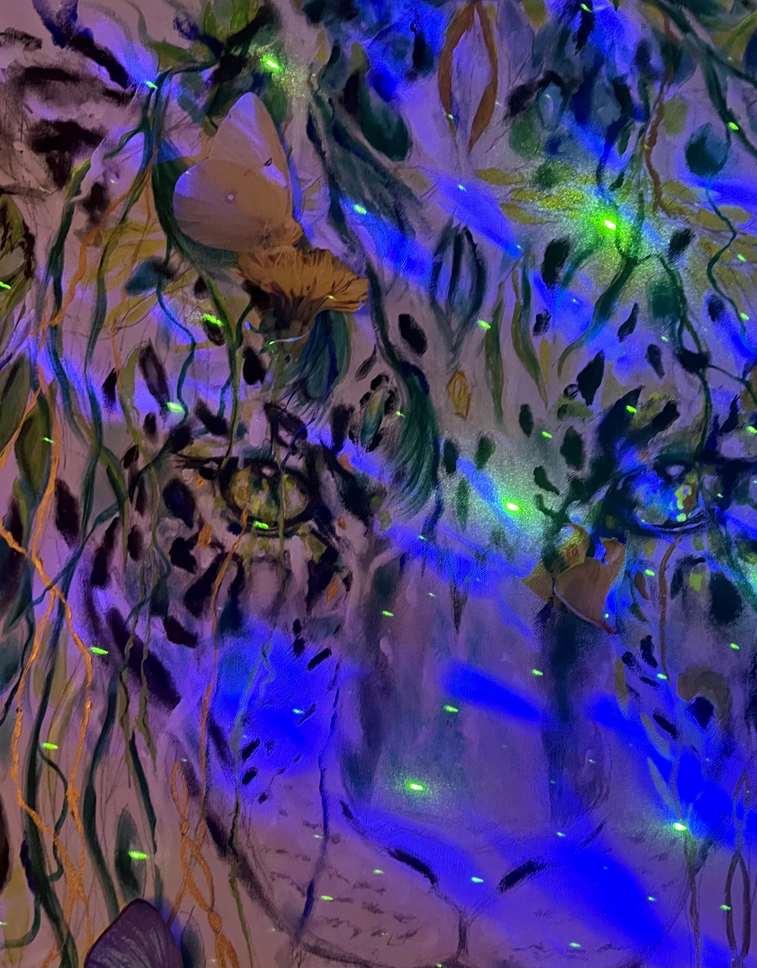 Tiger stripes glowing with blue and green embers