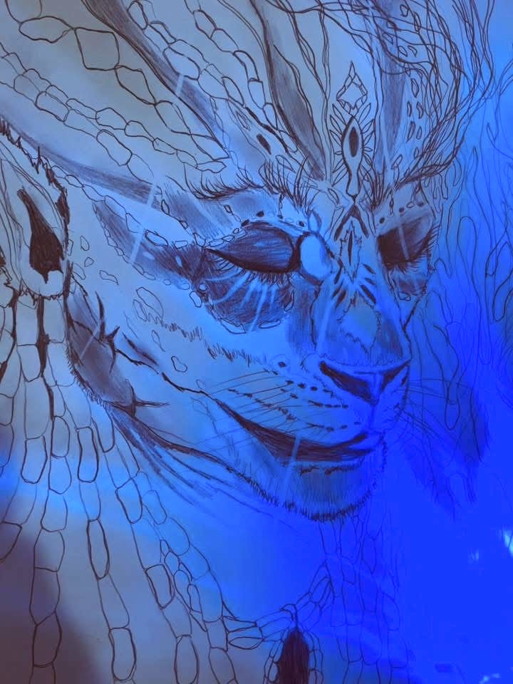 Creature's face bathed in deep blue light
