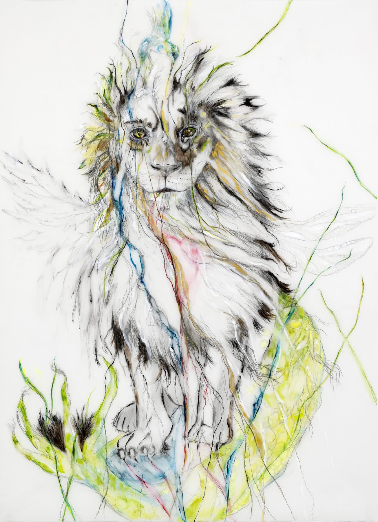 White lion creature emerging from sketch lines