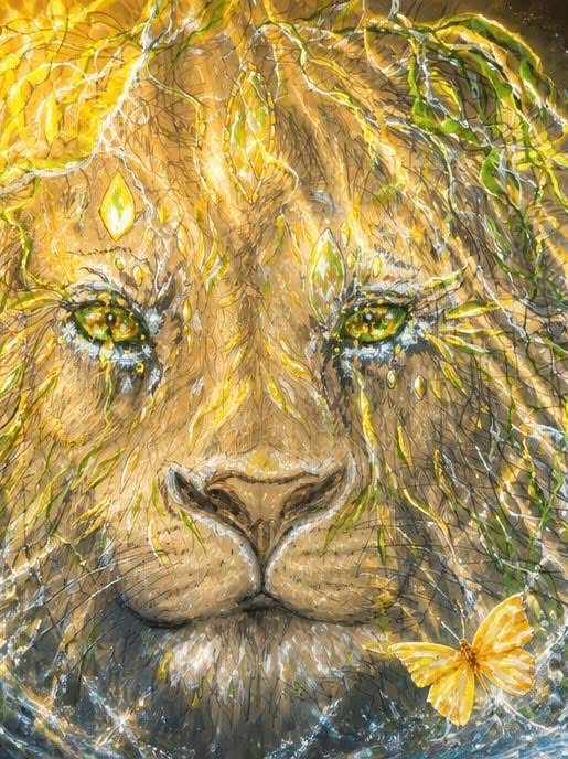 Golden lion painting with a butterfly