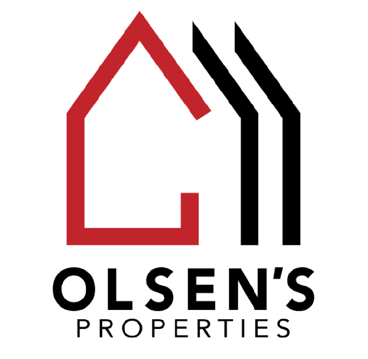 Olsen's Properties logo featuring a red house outline and black roof lines