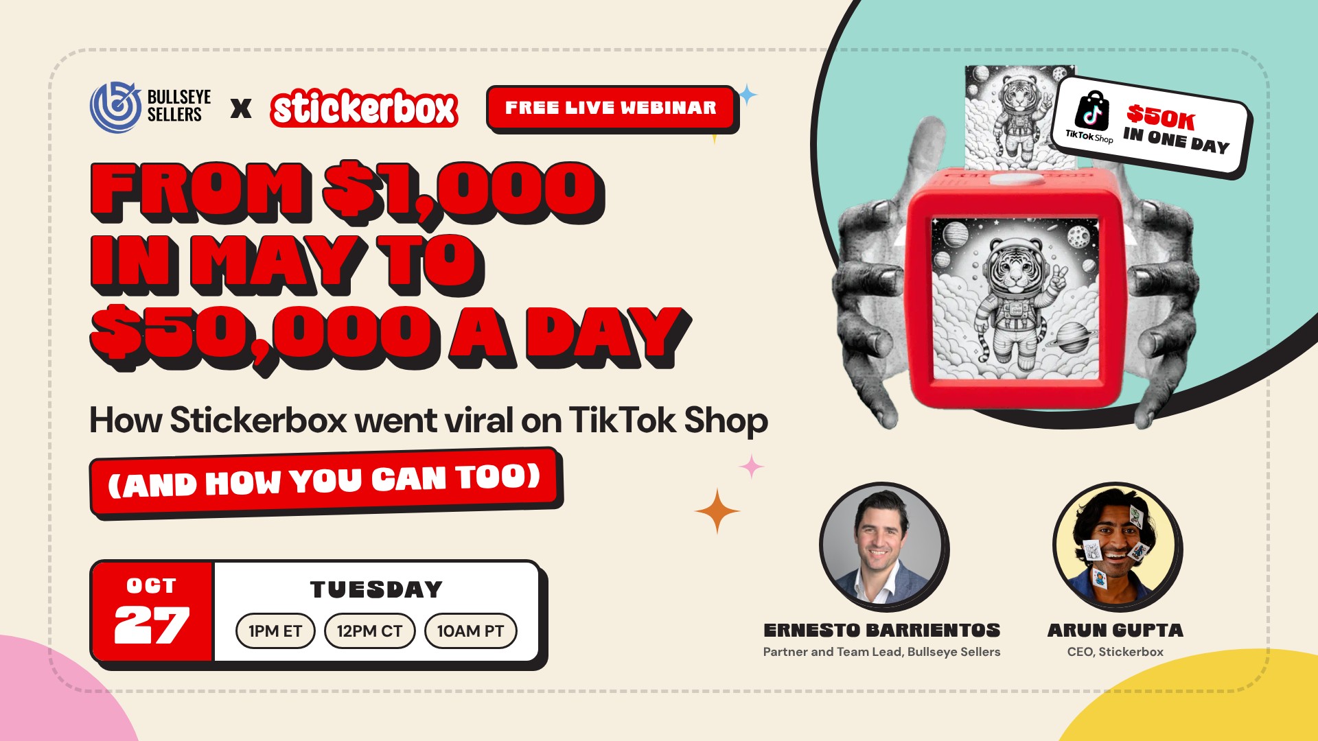 From $1,000 in May to $50,000 a day. How Stickerbox went viral on TikTok Shop (and how you can too). Free live webinar, Tuesday October 27.