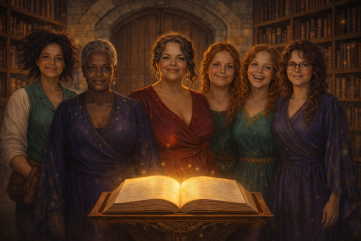 The six Enchanted Personas gathered in the Library — come find yours