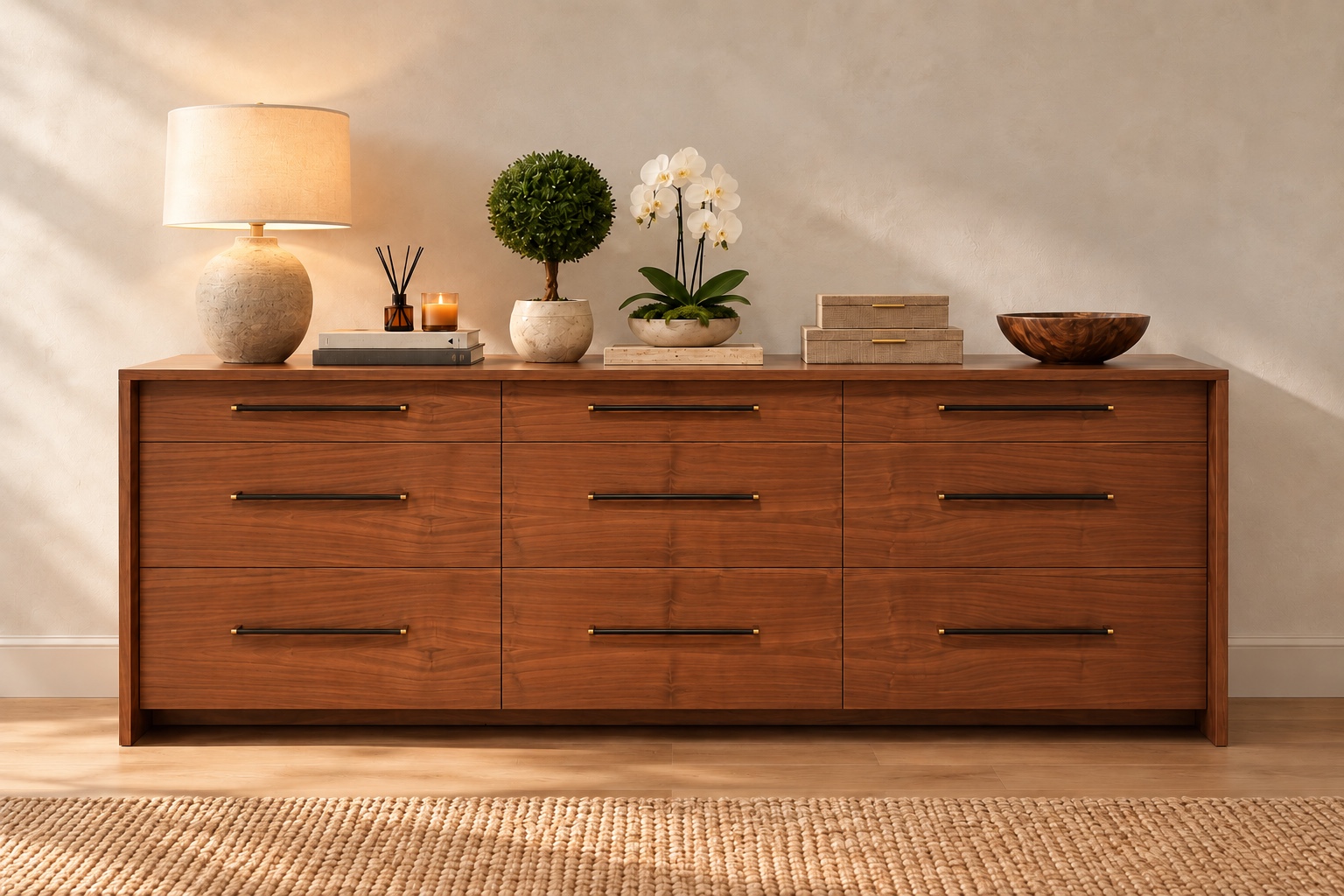 Nine-drawer walnut dresser in a warm neutral room