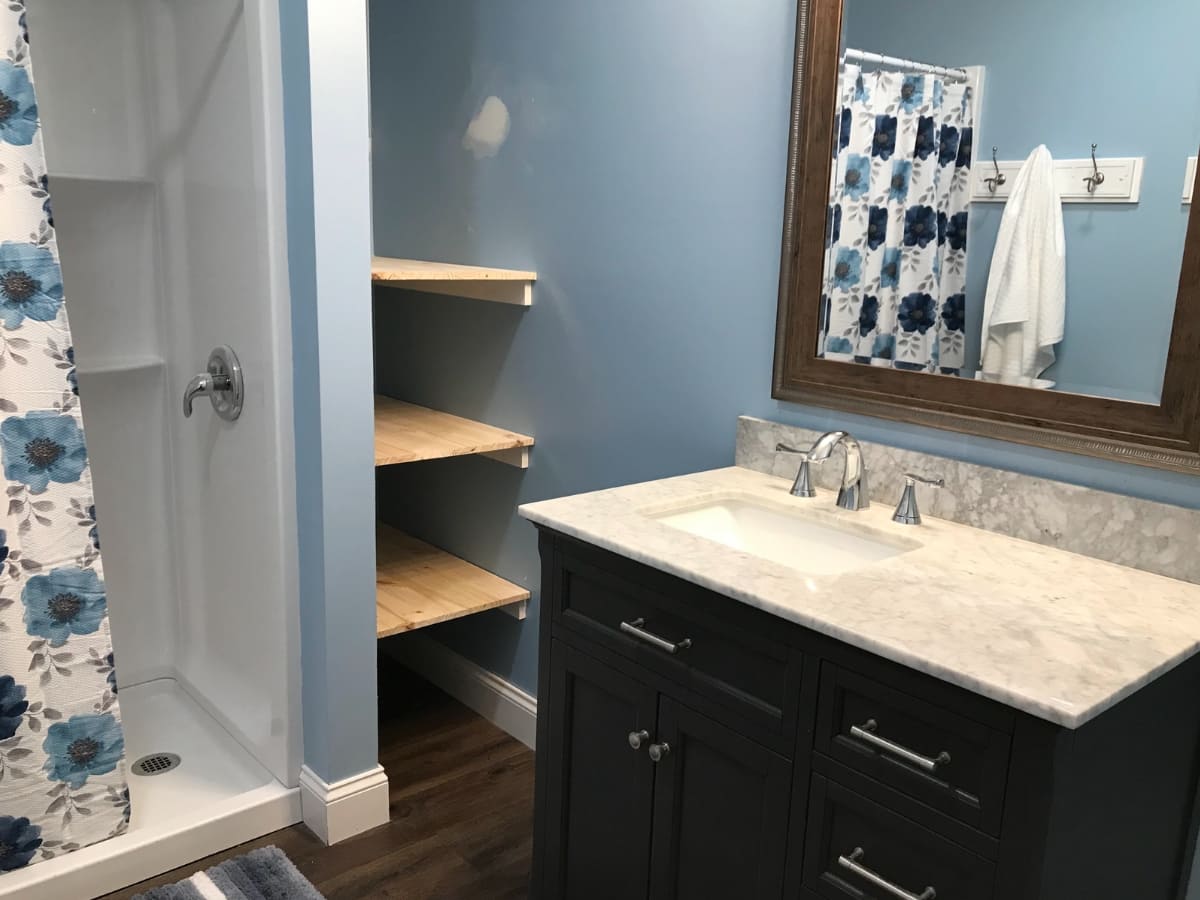 blue colored bathroom