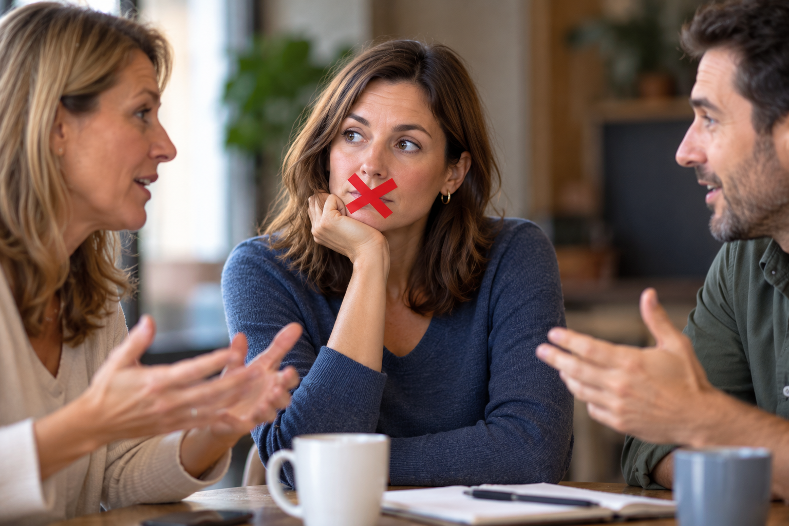A woman sitting between two people who are having a conversation. She has a cross over her mouth as she thinks she cannot speak.