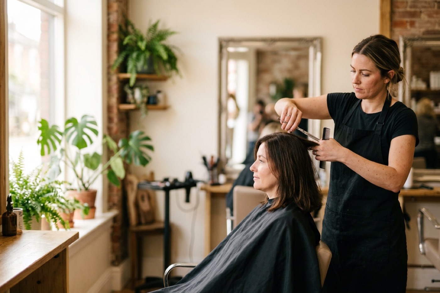 Stylist cutting a client's hair in a salon