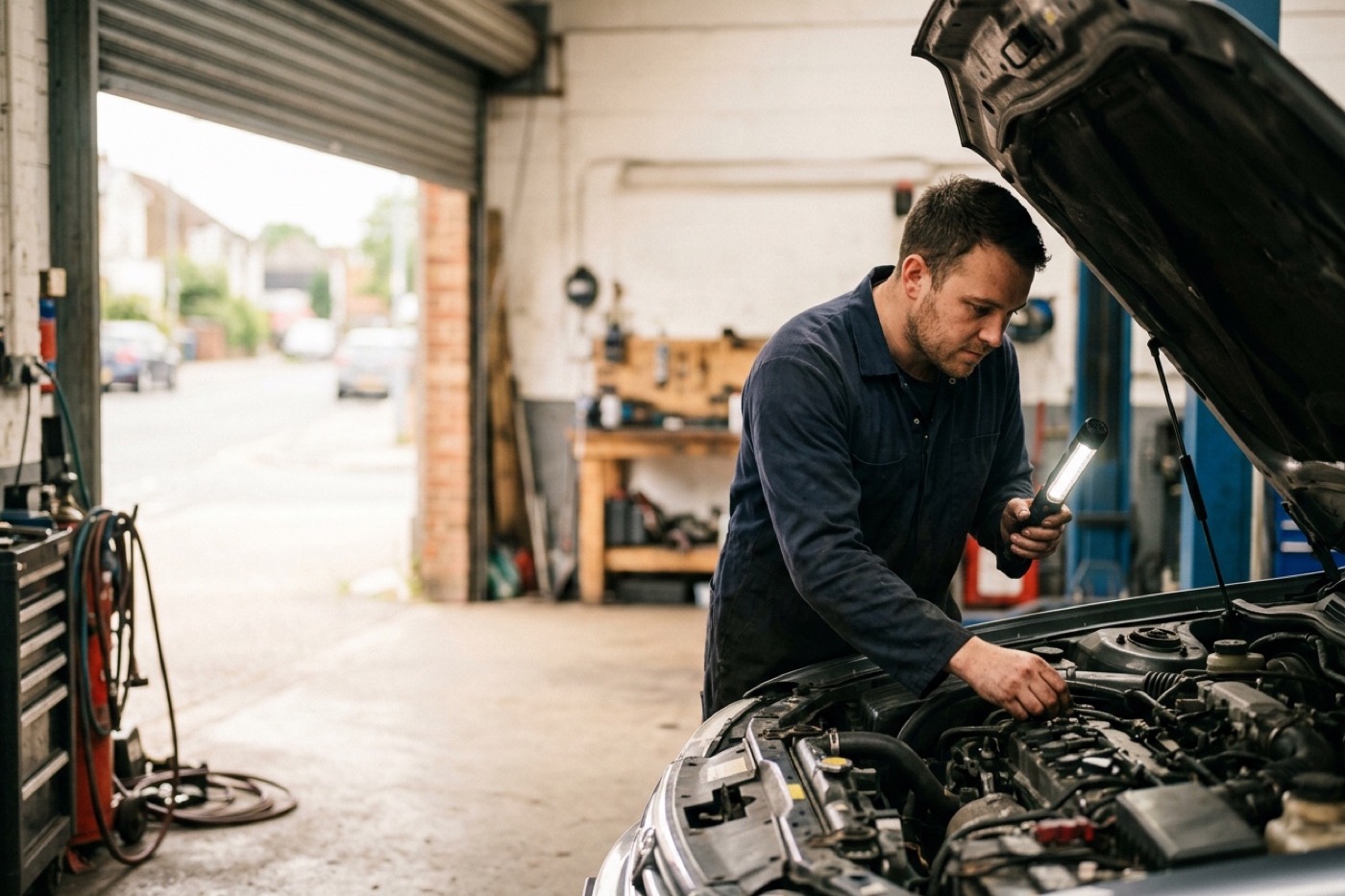 Mechanic inspecting an engine under a raised hood