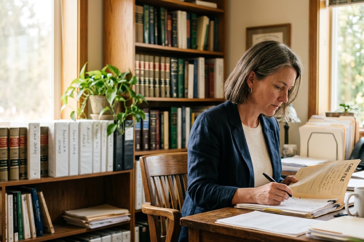 Attorney reviewing a case file at her desk