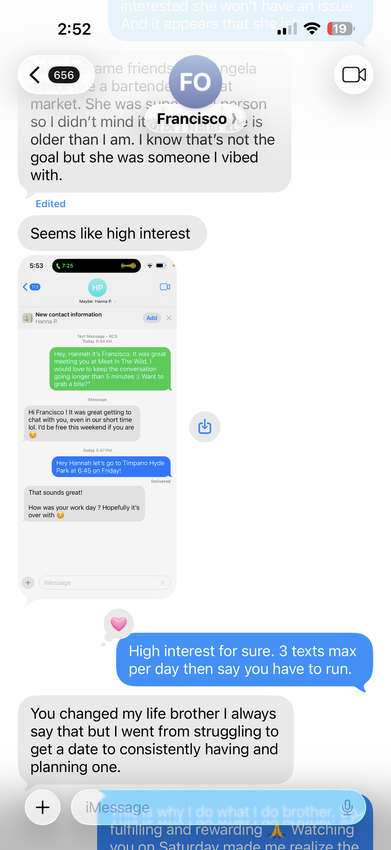 Text message from Francisco — went from struggling to get a date to consistently having and planning one